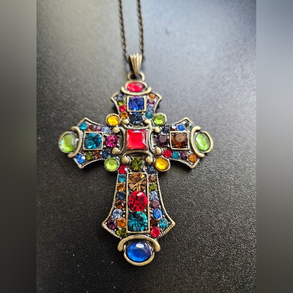 Colorful Rhinestone Cross Necklace - Picture 6 of 9